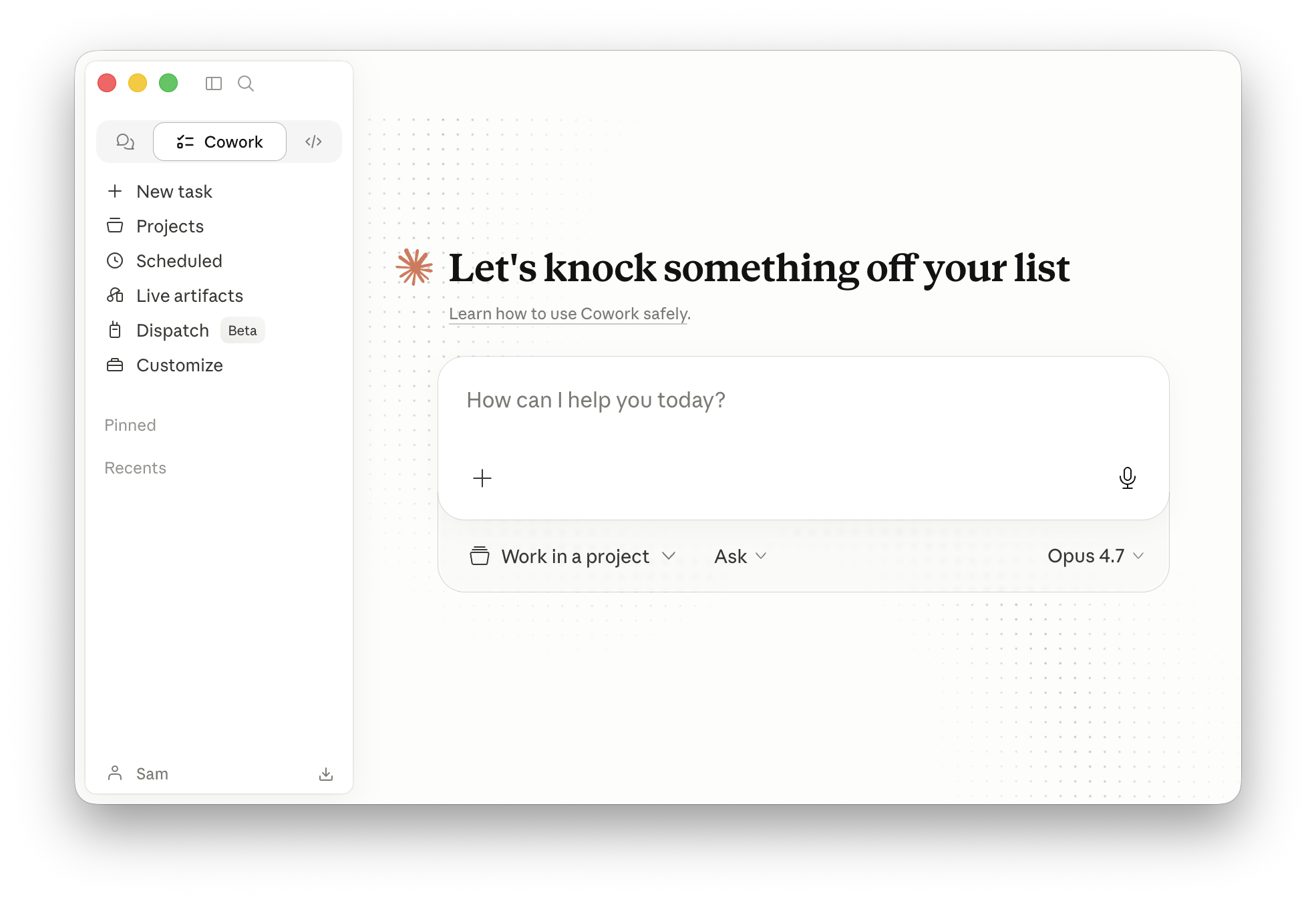 The Claude desktop app, showing the mode switcher and the sidebar